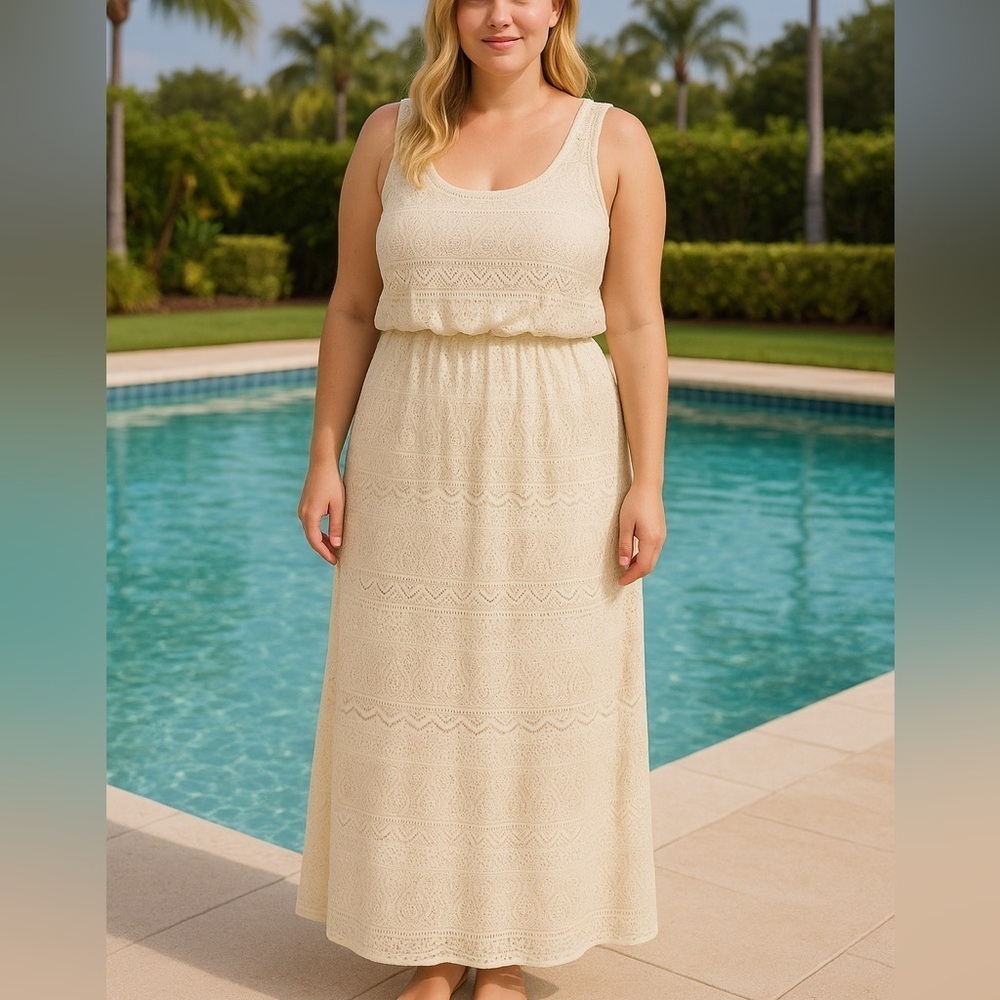 London Times Cream Crochet Sleeveless Maxi Dress Size 14